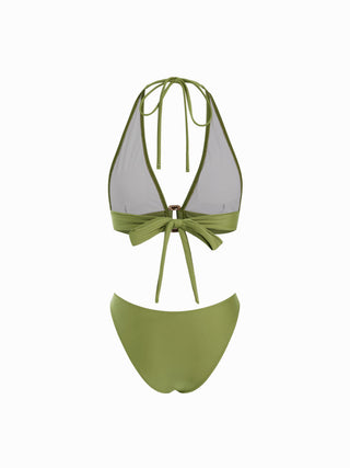 Halter Neckline Ruched Metal Detail Bikini Set