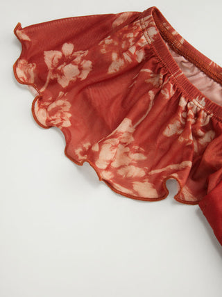 Chiffon Floral Square Neck Twist Knotted Ruffle Sleeve Crop Top