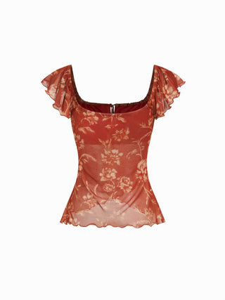 Chiffon Floral Square Neck Twist Knotted Ruffle Sleeve Crop Top