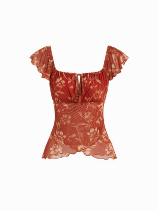 Chiffon Floral Square Neck Twist Knotted Ruffle Sleeve Crop Top