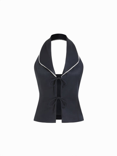 Woven Halter Neckline Contrast Trim Bowknot Blazer Vest For Date Party/Clubbing