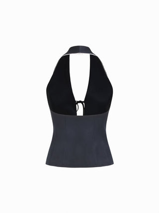 Woven Halter Neckline Contrast Trim Bowknot Blazer Vest For Date Party/Clubbing