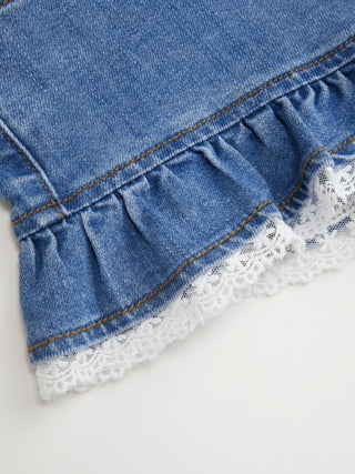 Stretch Denim High Rise Ruffled Lace Trim Metal Detail Shorts