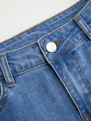 Stretch Denim High Rise Ruffled Lace Trim Metal Detail Shorts