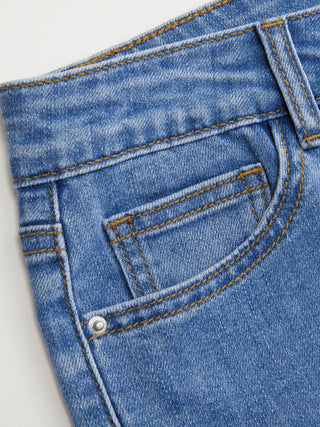 Stretch Denim High Rise Ruffled Lace Trim Metal Detail Shorts