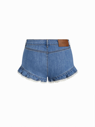 Stretch Denim High Rise Ruffled Lace Trim Metal Detail Shorts