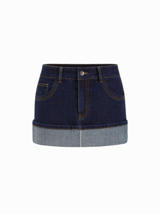 Denim Denim Low Rise Washed Rolled Hem Metal Detail Pencil Mini Skirt For School Daily Casual