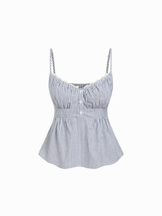 Cotton Stripe V-Neck Lace Panel Button Tie Back Peplum Cami Top