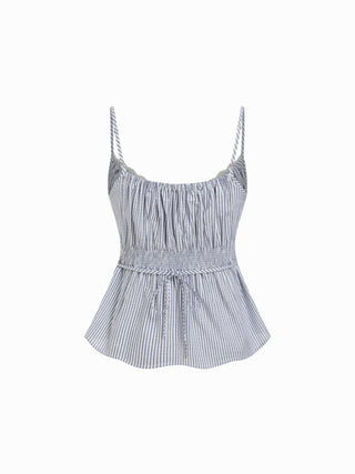 Cotton Stripe V-Neck Lace Panel Button Tie Back Peplum Cami Top