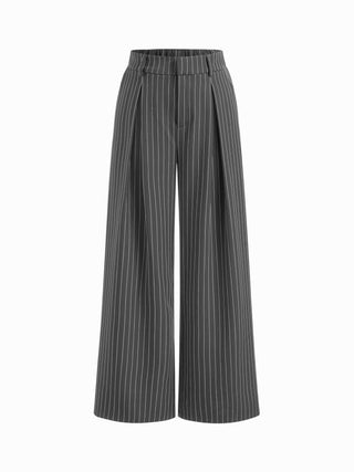 Mid Rise Stripe Pleated Wide Leg Trousers