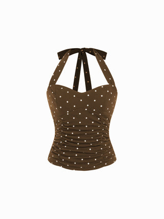 Cotton Polka Dot Halter Neck Ruched Tie Back Top