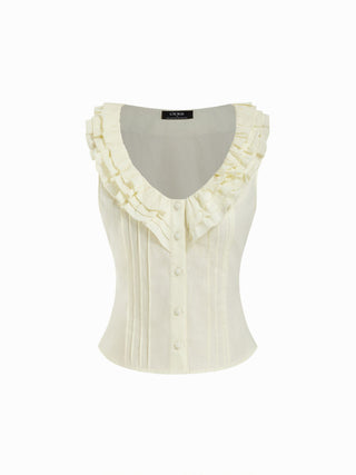 Cotton-blend V-neck Ruffled Tank Crop Blouse