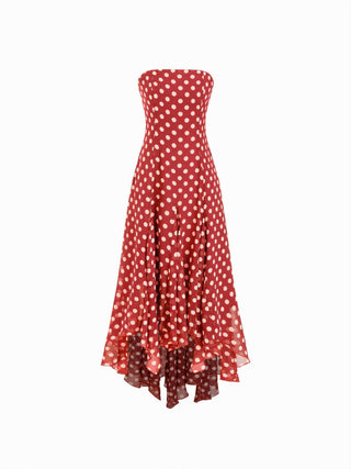 Chiffon Halter Neckline Polka Dot Ruffled Hem Ruched Maxi Dress