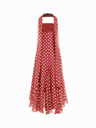 Chiffon Halter Neckline Polka Dot Ruffled Hem Ruched Maxi Dress