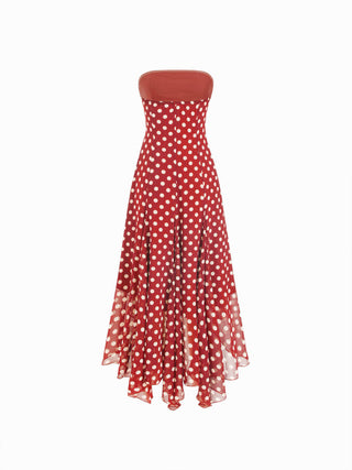 Chiffon Halter Neckline Polka Dot Ruffled Hem Ruched Maxi Dress