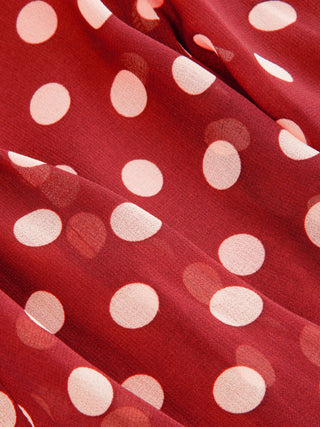 Chiffon Halter Neckline Polka Dot Ruffled Hem Ruched Maxi Dress