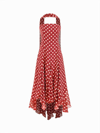 Chiffon Halter Neckline Polka Dot Ruffled Hem Ruched Maxi Dress