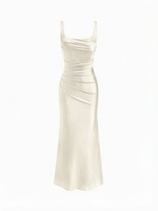 Satin Sculptural Square Neck Ruched Mermaid Maxi Dress