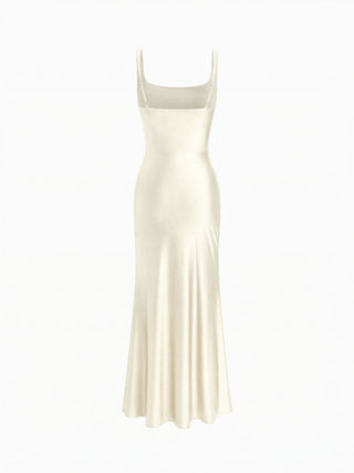 Satin Sculptural Square Neck Ruched Mermaid Maxi Dress