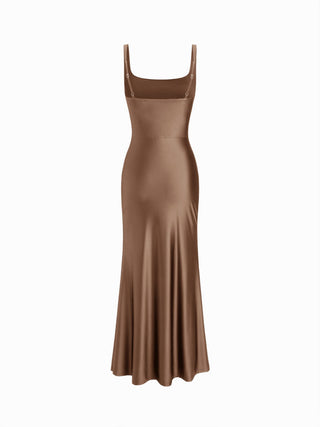 Satin Sculptural Square Neck Ruched Mermaid Maxi Dress