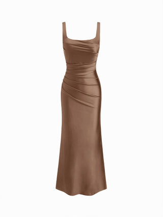 Satin Sculptural Square Neck Ruched Mermaid Maxi Dress