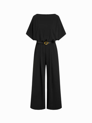 Boat Neck Batwing Sleeve High Rise Wide Leg Jumpsuit With Belt