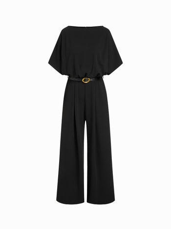 Boat Neck Batwing Sleeve High Rise Wide Leg Jumpsuit With Belt