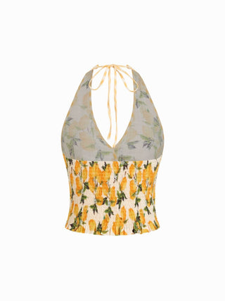 Cotton-blend Lemon Graphic Halter Neckline Backless Crop Cami Blouse