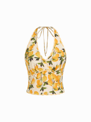 Cotton-blend Lemon Graphic Halter Neckline Backless Crop Cami Blouse