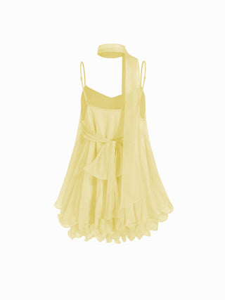 Sequin V-Neck Halter Ruffled Hem Oversized Mini Dress With Scarf
