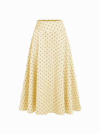 Satin Mid Rise Polka Dot Flared Maxi Skirt