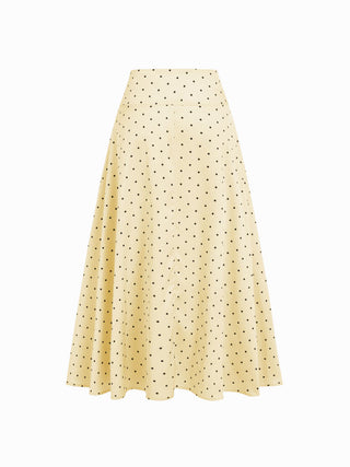 Satin Mid Rise Polka Dot Flared Maxi Skirt