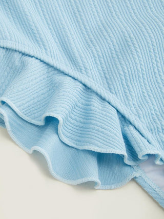 Texture Square Neck Ruffled Trim Bowknot One Piece Swimsuit