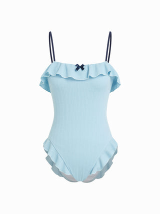 Texture Square Neck Ruffled Trim Bowknot One Piece Swimsuit