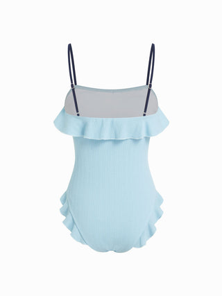 Texture Square Neck Ruffled Trim Bowknot One Piece Swimsuit