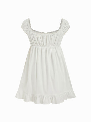 Cotton-blend Square Neck Puff Sleeve Drawstring Ruffle Hem Oversized Babydoll Mini Dress