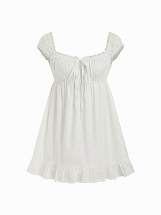 Cotton-blend Square Neck Puff Sleeve Drawstring Ruffle Hem Oversized Babydoll Mini Dress