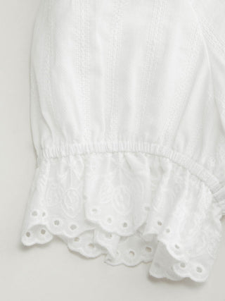 Cotton Lace Trim Knotted Short Puff Sleeve Blouse