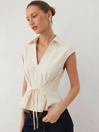 V-Neck Ruched Ruffled Tie Front Blouse