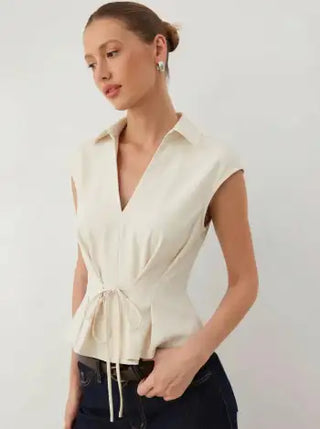 V-Neck Ruched Ruffled Tie Front Blouse