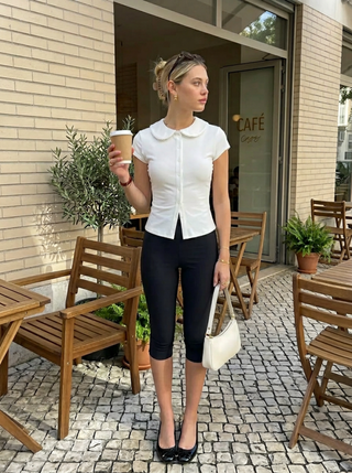 Cotton-blend Collar Lace Trim Button Front Tee