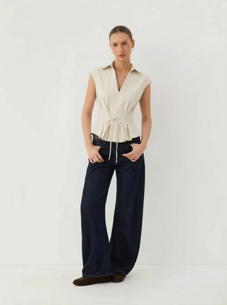 V-Neck Ruched Ruffled Tie Front Blouse
