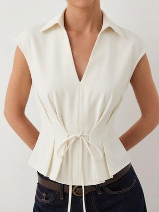 V-Neck Ruched Ruffled Tie Front Blouse