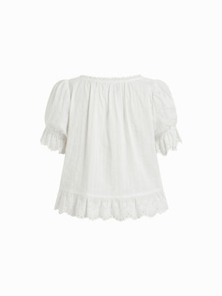 Cotton Lace Trim Knotted Short Puff Sleeve Blouse