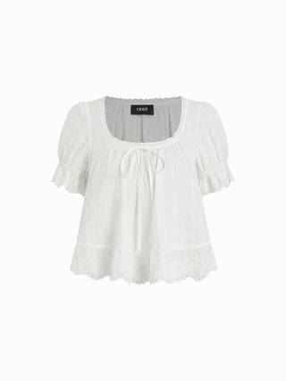 Cotton Lace Trim Knotted Short Puff Sleeve Blouse