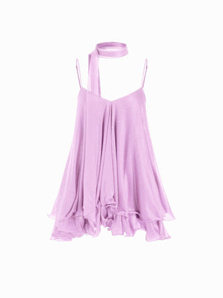 Sequin V-Neck Halter Ruffled Hem Oversized Mini Dress With Scarf