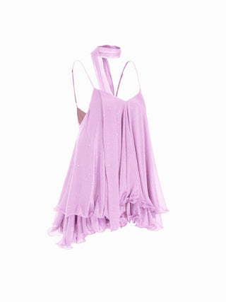 Sequin V-Neck Halter Ruffled Hem Oversized Mini Dress With Scarf