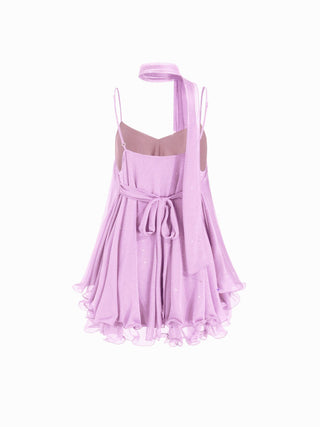 Sequin V-Neck Halter Ruffled Hem Oversized Mini Dress With Scarf