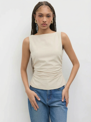 Linen-blend Boat Neckline Solid Bowknot Tank Top