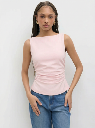 Linen-blend Boat Neckline Solid Bowknot Tank Top